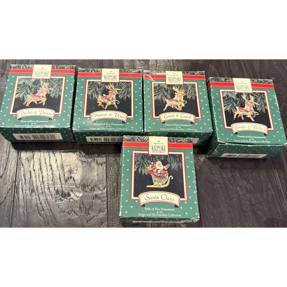 Hallmark Christmas Ornaments Complete Set Santa and His Reindeer Collection 1992
